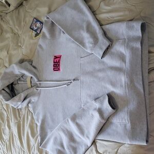 Obey worldwide women's fizz hood ash Heather grey hoodie sweater size small neon